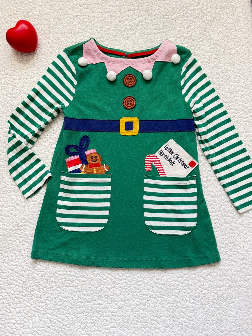 Mini Boden Green Striped Elf Pocket Dress with Pink Trim